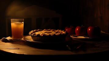 Apple Pie and Juice Still Life in Low Light. A rustic table setting featuring a warm, inviting scene with a homemade apple pie, fresh apples, and a glass of juice. photo