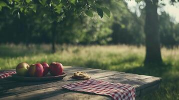 Rustic Picnic Scene Apples and Cookies on a Wooden Table in a Sunny Orchard. photo