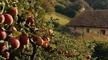 Ripe Red Apples on a Tree Branch in Front of a Stone Cottage. A picturesque autumn scene. photo