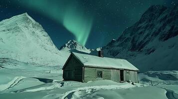 Secluded Cabin in Snowy Mountains Under the Aurora Borealis. A picturesque winter landscape featuring a cozy wooden cabin nestled amidst snow-covered peaks under a vibrant aurora display. photo