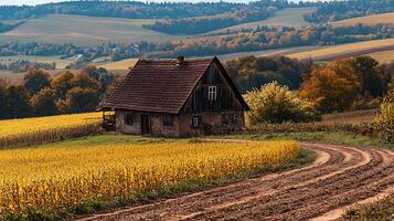 Autumnal Farmhouse in Rolling Hills Landscape. A picturesque view of a rustic house nestled amidst golden cornfields and vibrant fall foliage. photo
