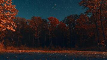 Autumn Night Forest Scene Starry Sky over Red and Orange Trees. photo