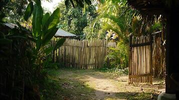 Sunlit Path Through a Tropical Bamboo Fence and Lush Greenery. photo