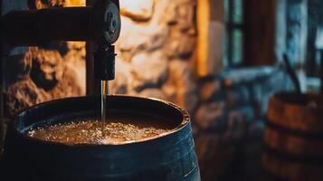 Golden Liquid Pouring into Aged Wooden Barrel in Rustic Setting. A close up image showcasing the detail of the process. photo