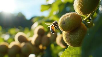 Honeybee Pollinating Kiwi Fruit in Sunlight. A close up image of a bee collecting pollen from a kiwi fruit on the vine. photo
