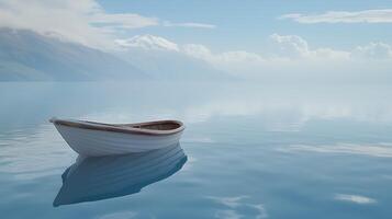 Serene Rowboat on a Calm Lake with Mountain View. A picturesque scene of tranquility and peace. photo