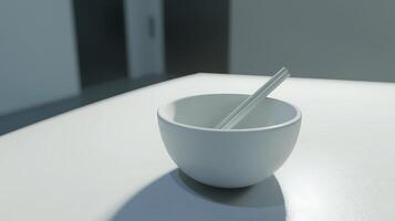 Empty White Bowl with Chopsticks on a Table. A minimalist image ideal for restaurant menus or culinary blogs. photo