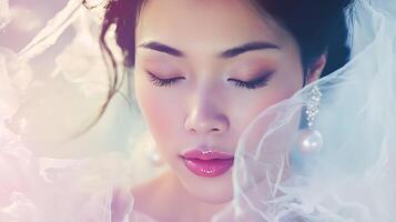 Close up portrait of a bride with eyes closed, wearing a delicate veil. photo
