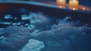 Close up of Bubbles in Bath Water with Candlelight in the Background. A serene image perfect for relaxation and spa themes. photo