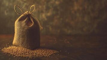 A burlap sack overflowing with grains, spilling onto a rustic surface. photo