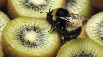 Bumblebee on Slices of Fresh Kiwi Fruit. A close up photograph showcasing a bumblebee interacting with juicy kiwi fruit slices. photo