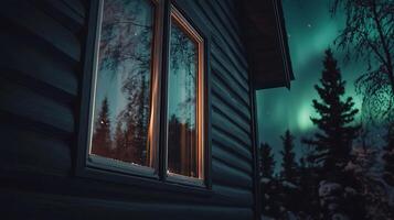 Illuminated Cabin Window at Night with Aurora Borealis in the Background. A cozy scene perfect for travel, winter, and nature themes. photo
