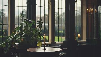 Serene Candlelight and Greenery in a Sunlit Conservatory. A tranquil scene of a lit candle on a wooden table, accompanied by lush houseplants, set against a backdrop of large windows. photo