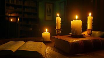 Illuminated Book and Candles A Cozy Study Setting. A captivating image of burning candles illuminating an antique book on a wooden table. photo