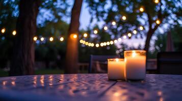 Romantic Evening Ambiance Lit Candles on a Table with Fairy Lights and Trees in the Background. photo