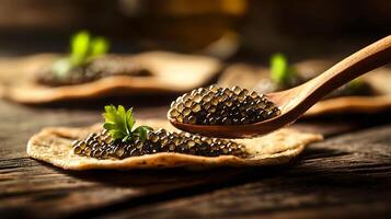 Close up of black caviar on wooden spoon and crackers. Luxurious delicacy on rustic background. photo