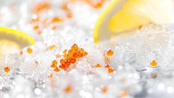 Close up of Red Caviar on Ice with Lemon Slices. A luxurious food image perfect for menus, culinary websites, or advertising. photo