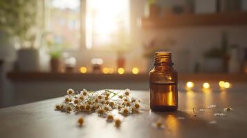 Chamomile Essential Oil Bottle and Flowers on Wooden Table with Soft Bokeh Background. photo
