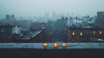 Three Candles on a Rooftop Overlooking a Foggy Cityscape. A serene view of city buildings shrouded in mist. photo