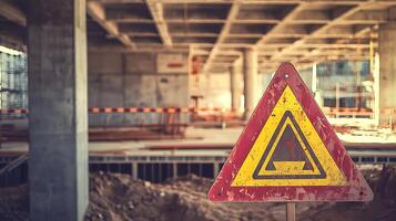 Construction Site Warning Sign A Close Up of a Weathered Triangle Sign in a Building Under Construction. photo