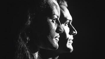 Monochromatic Close Up of a Couple's Profiles, Intricate Line Art Style. photo