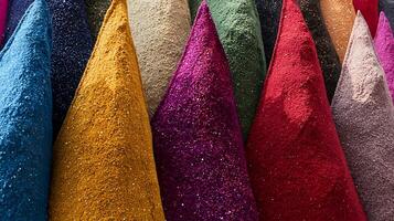 Colorful Conical Piles of Sparkling Material Abstract Texture Background. photo