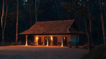 Illuminated Cottage nestled in a Dark Forest at Night. A tranquil scene of a cozy house surrounded by trees. photo