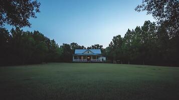 Serene Country House at Dusk A tranquil scene of a farmhouse nestled in a verdant field, surrounded by trees under a twilight sky. photo