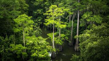 Aerial View of Lush Cypress Trees in a Swampy Bayou. Sunlight Dapples the Green Canopy. photo