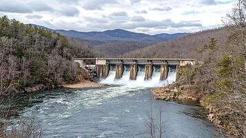 Dam and River Landscape in the Appalachian Mountains. A scenic view of a dam releasing water into a river, surrounded by mountains and trees. photo