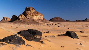Night Sky over Desert Rock Formations in the Sahara. A stunning landscape photograph of dramatic sandstone formations under a starlit sky. photo