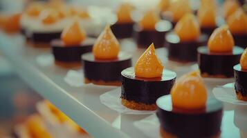 Delicious Orange and Chocolate Mini Desserts on Display. A close up shot showcasing a delectable arrangement of individually plated pastries. photo