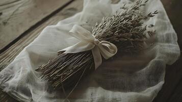 Dried Flowers Tied with a Ribbon on Rustic Wooden Surface. A close up image of a beautiful arrangement. photo
