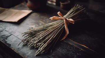 Dried Wheat Bundle Tied with Ribbon on Rustic Wooden Table. A close up image perfect for autumnal or harvest themes. photo