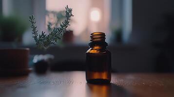 Amber Bottle of Essential Oil with Herb in the Background. A close up image of a dark glass bottle filled with essential oil. photo