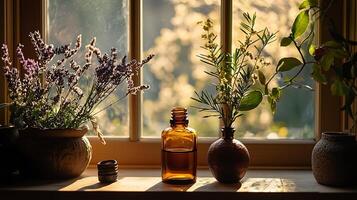 Sunlit Window Still Life Essential Oils and Herbs. A tranquil scene featuring amber bottles of essential oil, surrounded by aromatic herbs in rustic pots, bathed in warm sunlight. photo