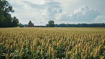 Rural Farmhouse in a Golden Wheat Field Under a Cloudy Sky. photo