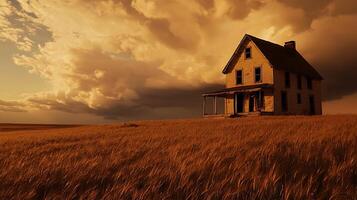 Abandoned Farmhouse in Golden Wheat Field at Sunset. A picturesque scene of an old, weathered house standing alone in a field of ripe wheat under a dramatic sunset sky. photo