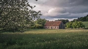 Rustic Farmhouse in a Blooming Meadow Under a Dramatic Sky. A picturesque rural scene featuring an old wooden house and flowering trees. photo