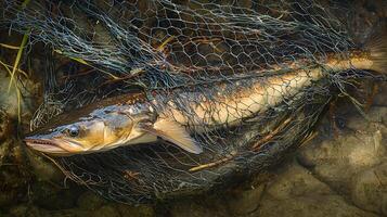 A Large Fish Caught in a Net, Underwater Close Up. photo