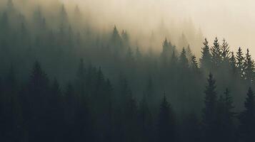 Misty Mountain Forest An Enchanting View of Pine Trees Shrouded in Fog. photo