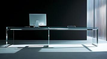Modern Glass Desk in Minimalist Office Setting. A sleek, transparent desk with a computer sits against a dark wall, perfect for showcasing contemporary design. photo