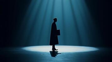 Silhouetted Graduate in Spotlight, Holding Diploma. A dramatic image of a single graduate standing in a spotlight, symbolizing achievement and the future. photo