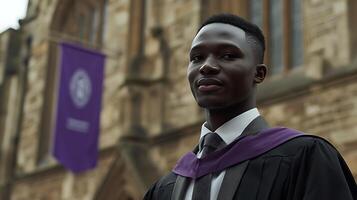 Portrait of a Proud Graduate in Academic Regalia, Standing Before a University Building. photo