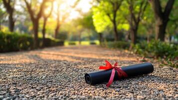 Graduation Diploma on a Pebble Path, Outdoors. A rolled diploma tied with a red ribbon rests on a gravel path in a park setting, symbolizing achievement and education. photo