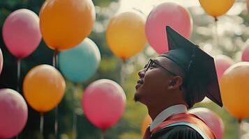 Joyful Graduate Gazing Upward Amidst Colorful Balloons. photo
