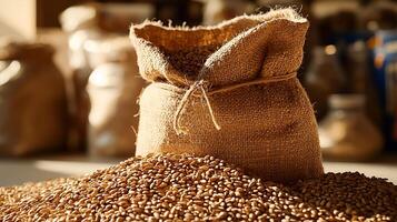 A burlap sack overflowing with grains sits on a pile of grain, bathed in warm sunlight. photo