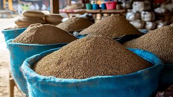 Close up of Grain in Bags at an Outdoor Market. A detailed image of various types of grains displayed in blue sacks at a bustling marketplace. photo