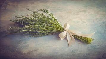A Small Bouquet of Fresh Green Grass Tied with a White Ribbon. A Simple, Rustic Image Perfect for Spring or Summer Themes. photo