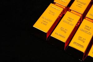 Gold bars on black background, copy space photo